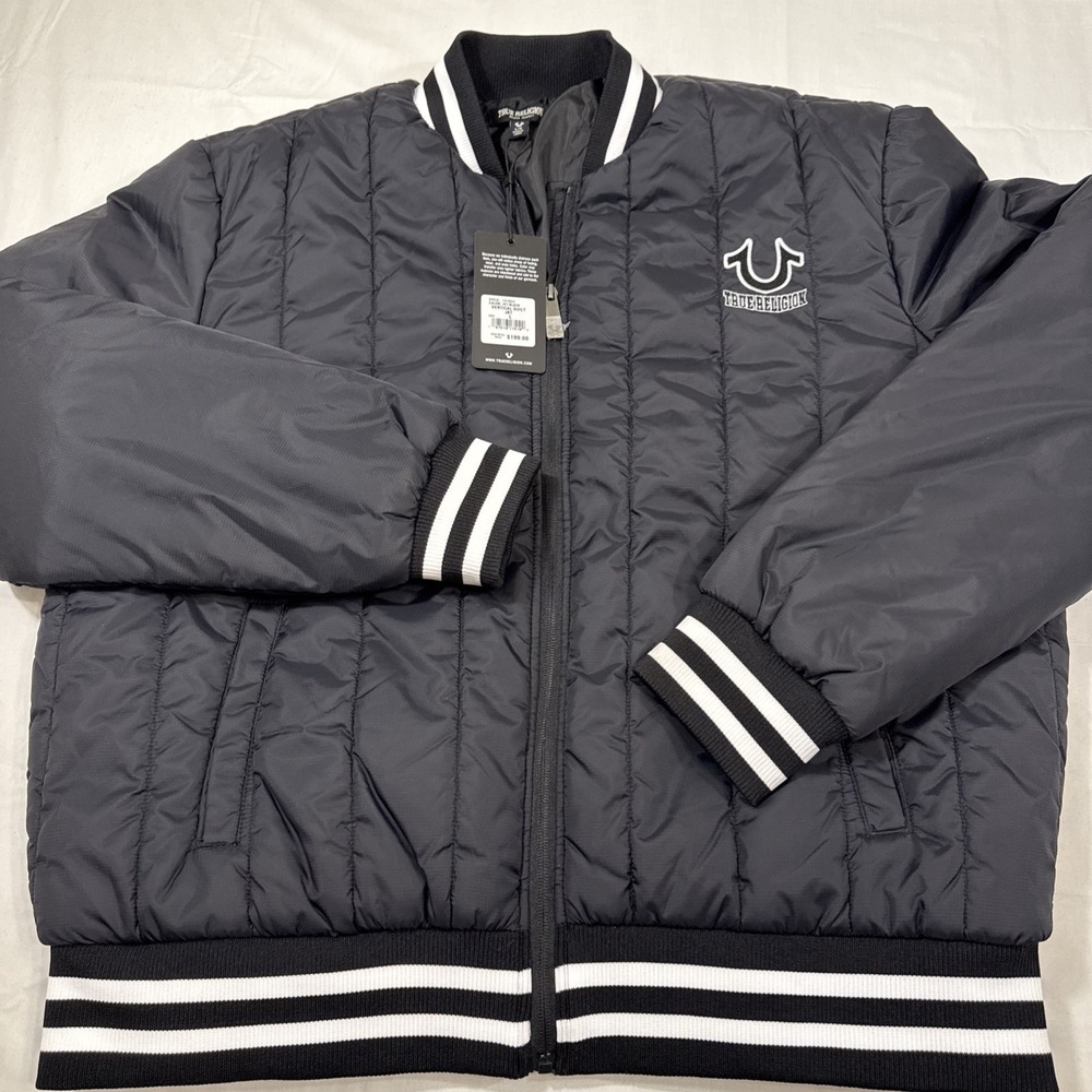 JACKET PUFFER True Religion MENS LRG  BOMBER QUILTED COAT WHT TRIM NWT  107823